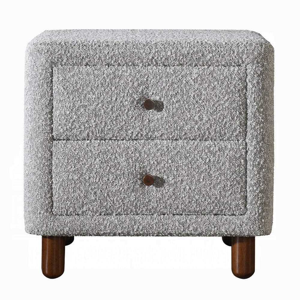 Classic Gray Two Drawers Nightstand 1pc Wooden Legs Plush Boucle Upholstered Bedroom Furniture