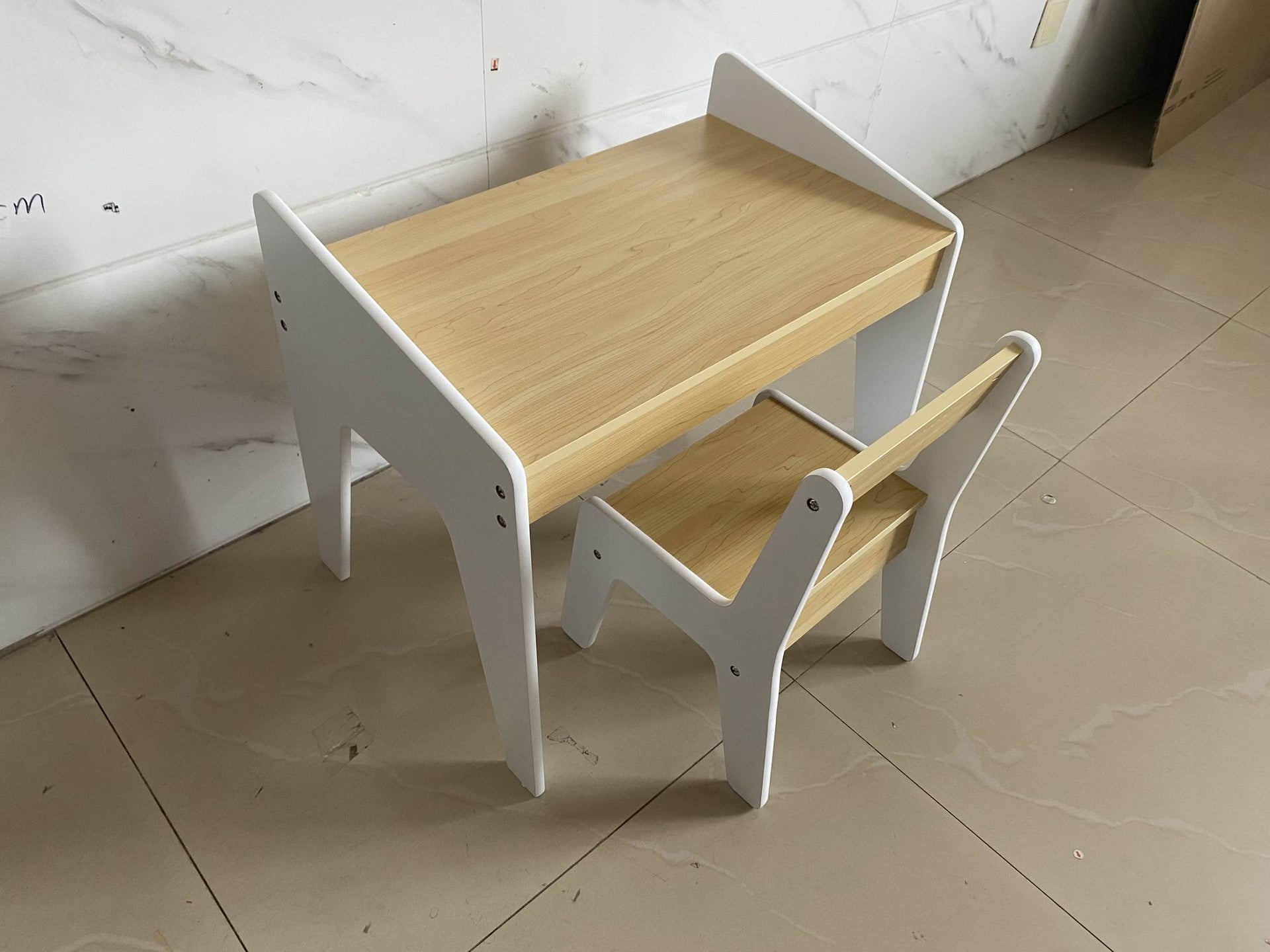 Kids Table Set with One Chair, Wooden Children Study Table, 2-8  Age Kids Funiture , White+Natural