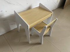 Kids Table Set with One Chair, Wooden Children Study Table, 2-8  Age Kids Funiture , White+Natural