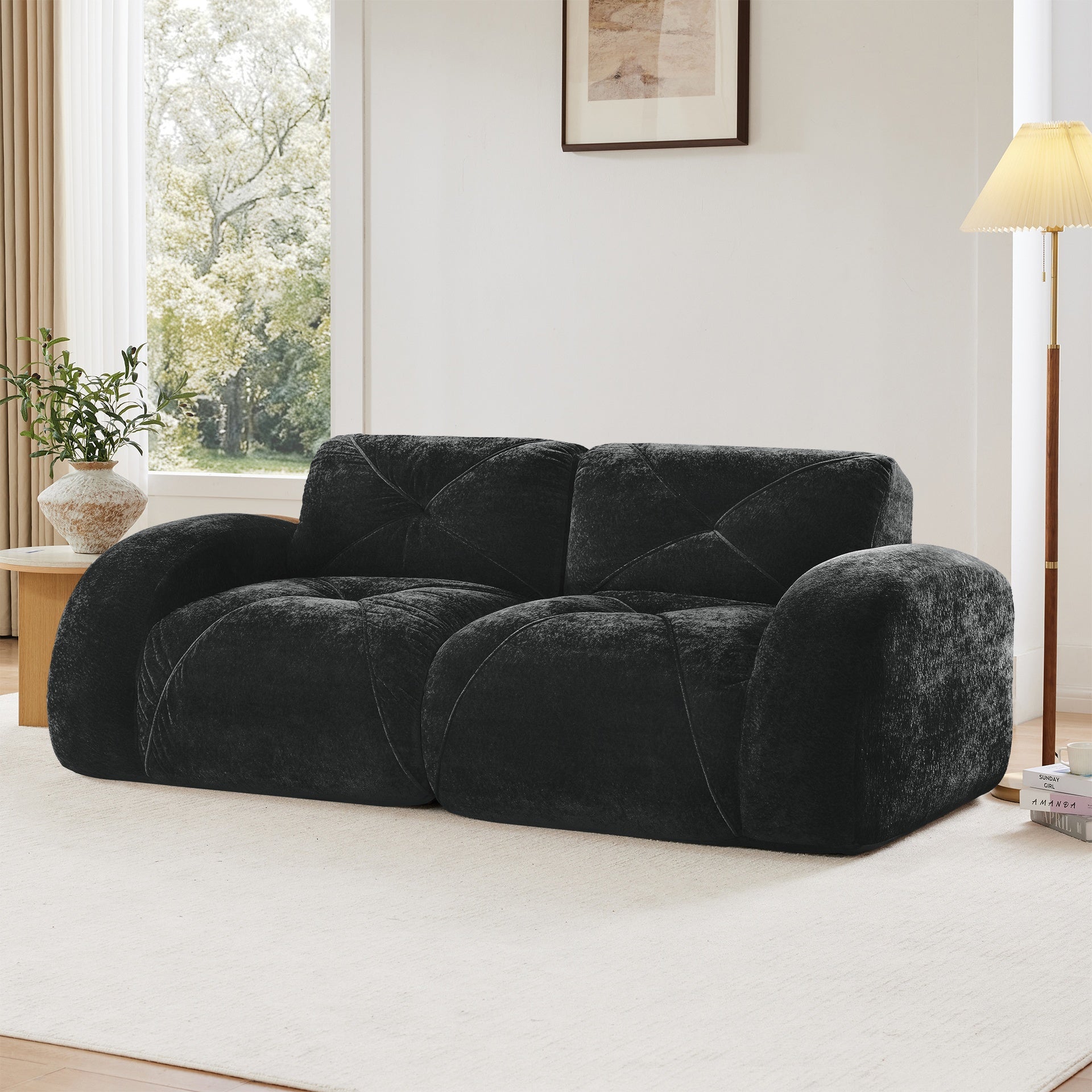 2-seater Tufted Sofa Couches With boneless Sofa,Soft Velvet  Fabric,Bottom Anti-Slip Design,32D High Density Sponge,Ergonomic Design Bottom,No Assembly Required,Fits Living Rooms,Black
