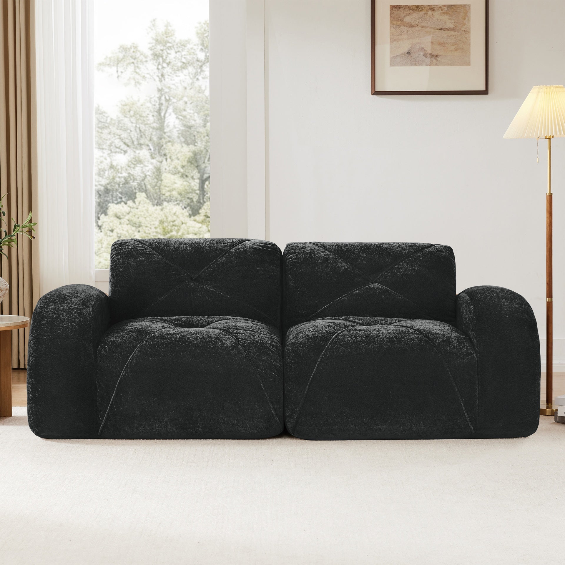 2-seater Tufted Sofa Couches With boneless Sofa,Soft Velvet  Fabric,Bottom Anti-Slip Design,32D High Density Sponge,Ergonomic Design Bottom,No Assembly Required,Fits Living Rooms,Black