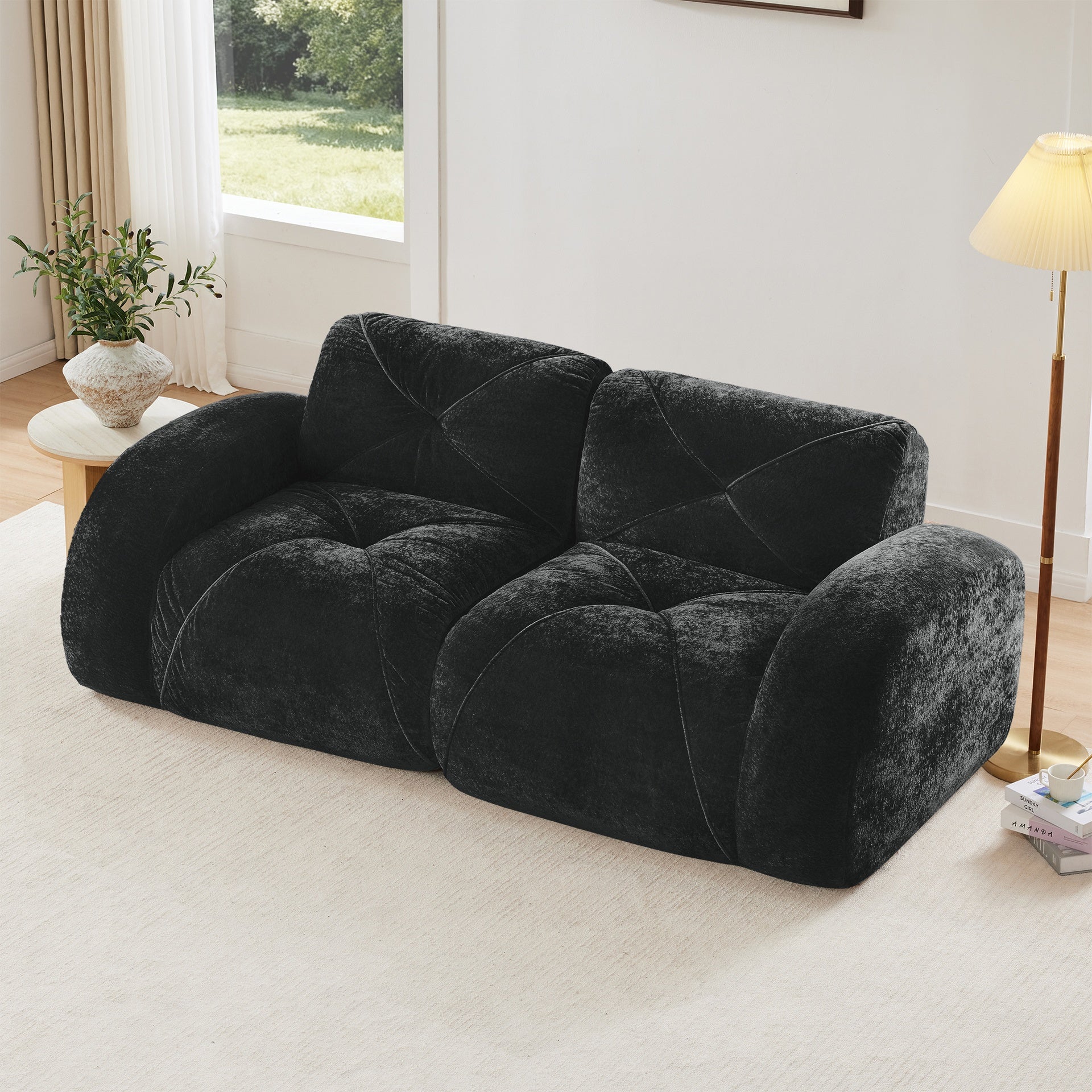 2-seater Tufted Sofa Couches With boneless Sofa,Soft Velvet  Fabric,Bottom Anti-Slip Design,32D High Density Sponge,Ergonomic Design Bottom,No Assembly Required,Fits Living Rooms,Black