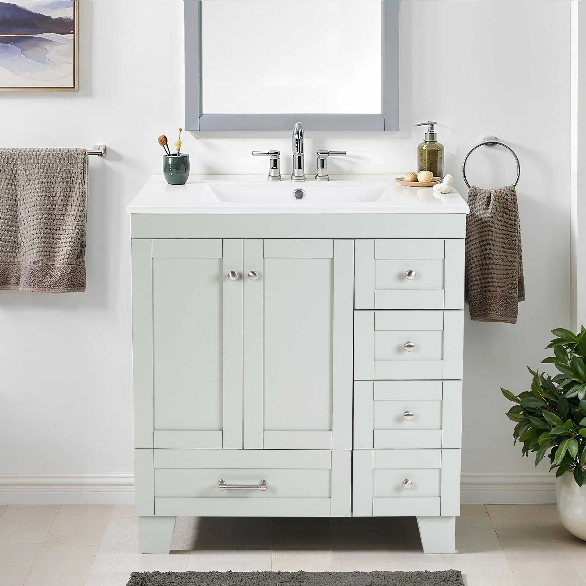 30" Blue Grey Bathroom Vanity with Ceramic Sink - Soft-Close Drawers, Solid Wood Frame, Multi-Organizer Storage ,76x47x85cm