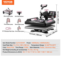 8 in 1 Heat Press Machine 15x15 in 30oz Tumbler Press T-Shirts Black