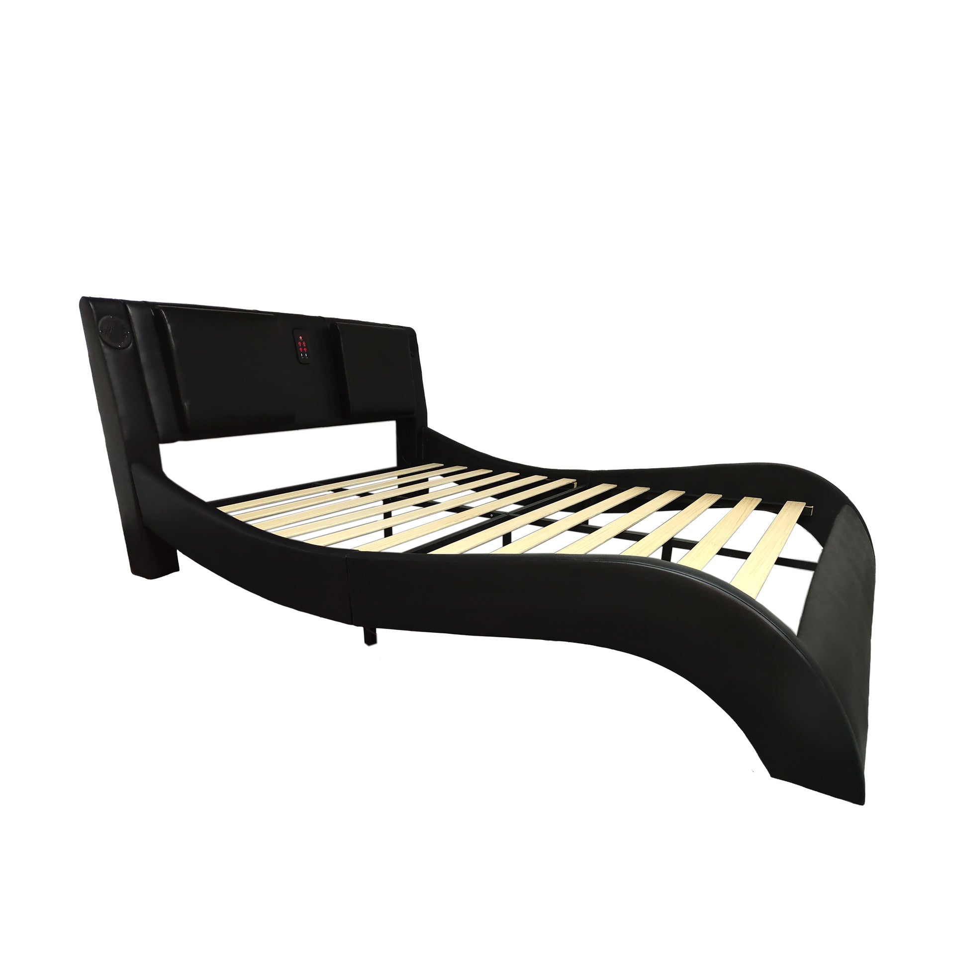 Faux Leather Upholstered Platform Bed Frame with led lighting, Bluetooth connection to play music control, Backrest vibration massage, Curve Design, Wood Slat Support, Exhibited Speakers, King Size