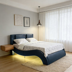 Faux Leather Upholstered Platform Bed Frame with led lighting, Bluetooth connection to play music control, Backrest vibration massage, Curve Design, Wood Slat Support, Exhibited Speakers, King Size