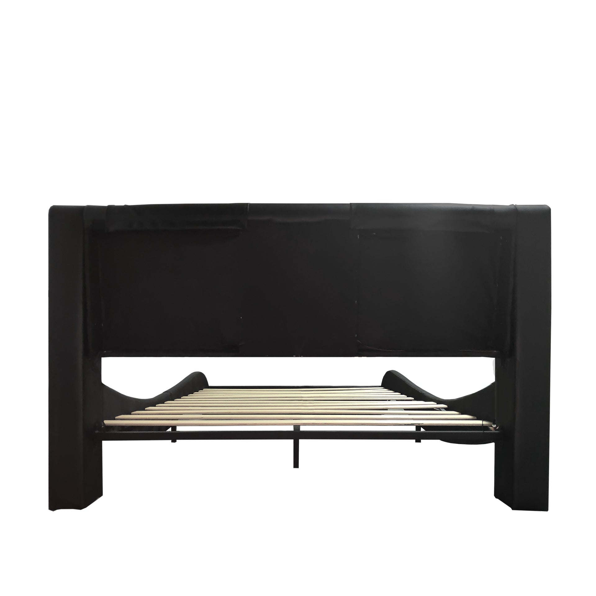 Faux Leather Upholstered Platform Bed Frame with led lighting, Bluetooth connection to play music control, Backrest vibration massage, Curve Design, Wood Slat Support, Exhibited Speakers, King Size