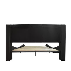 Faux Leather Upholstered Platform Bed Frame with led lighting, Bluetooth connection to play music control, Backrest vibration massage, Curve Design, Wood Slat Support, Exhibited Speakers, King Size