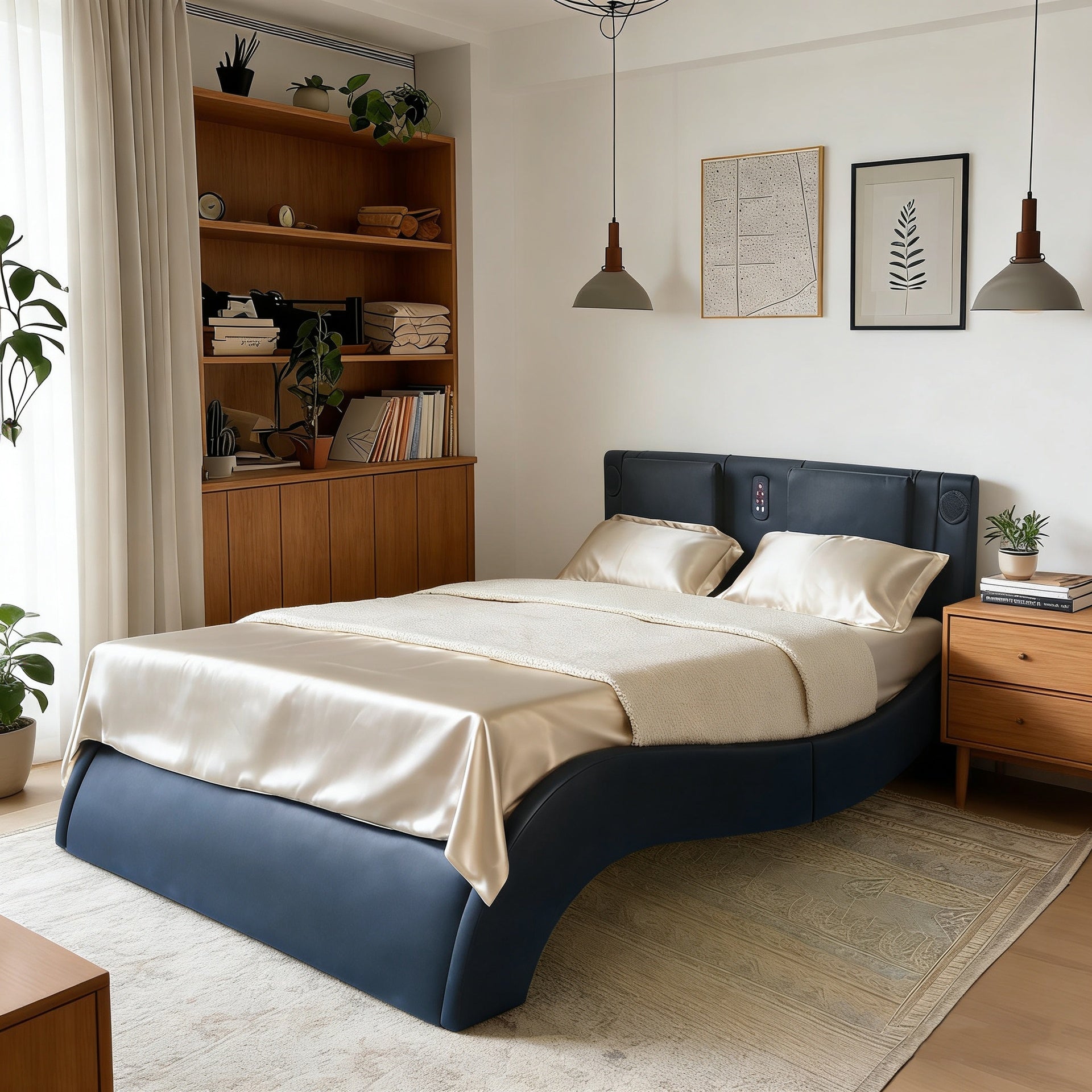 Faux Leather Upholstered Platform Bed Frame with led lighting, Bluetooth connection to play music control, Backrest vibration massage, Curve Design, Wood Slat Support, Exhibited Speakers, King Size