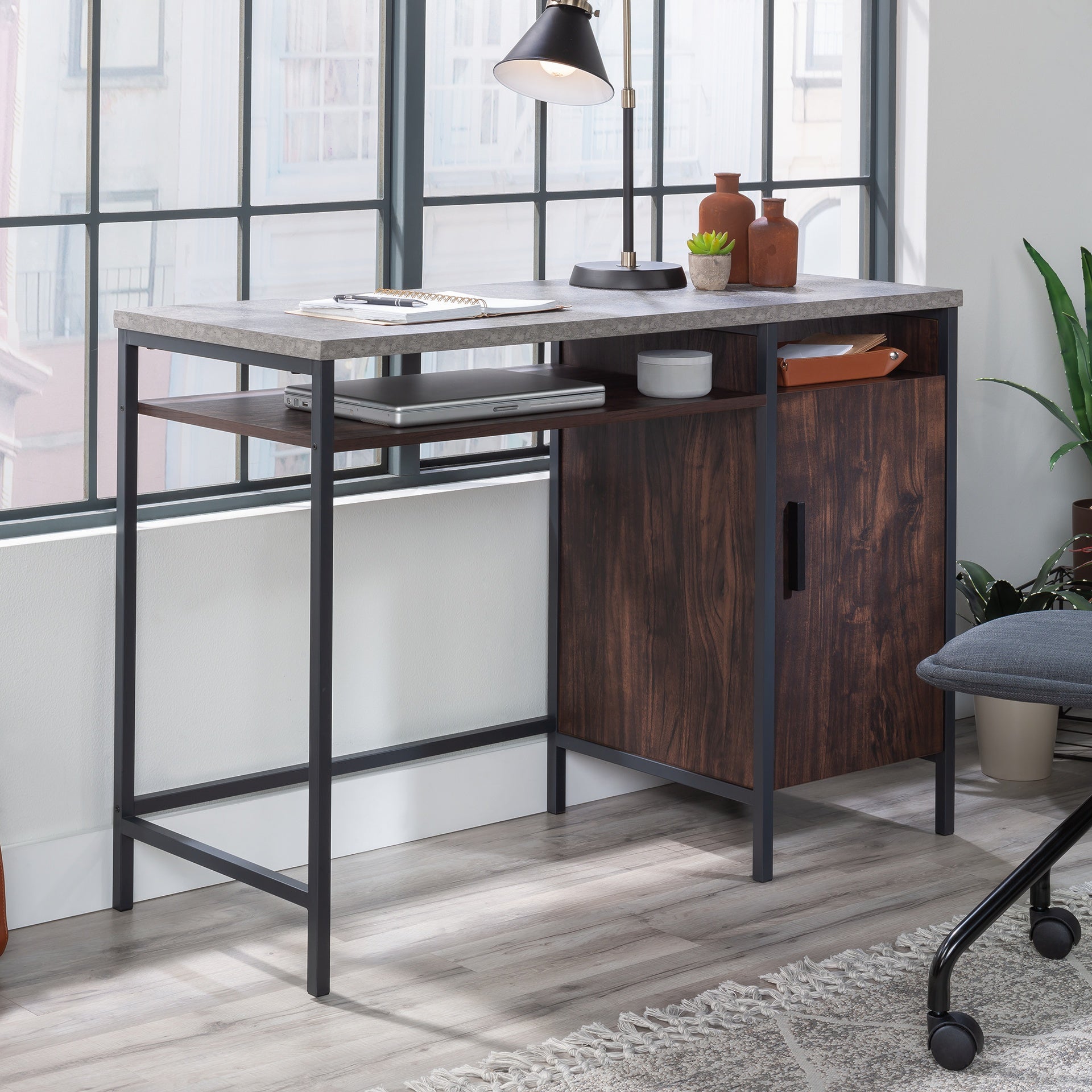 Industrial Desk with Large Work Surface and Side Cabinet, Dark Walnut finish