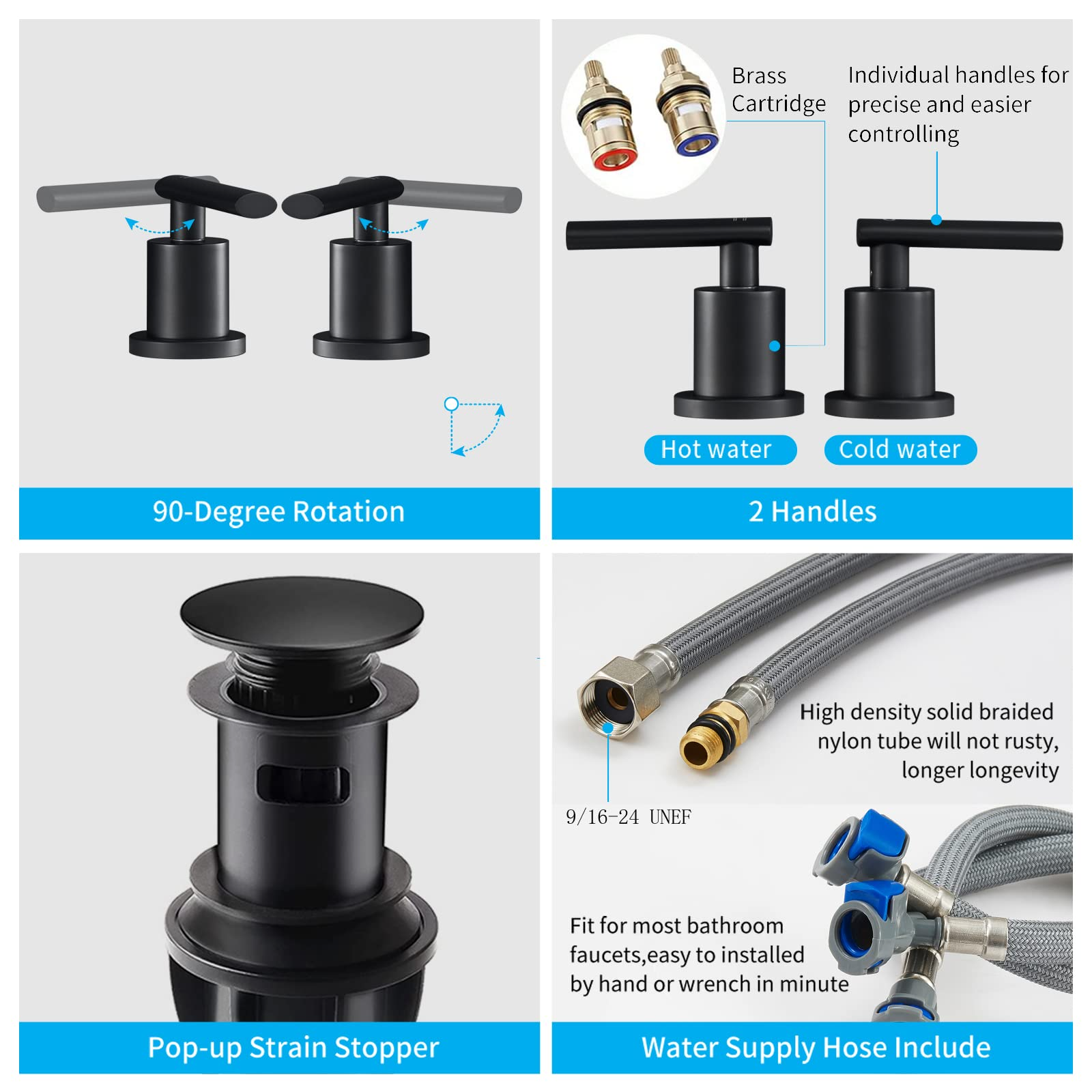 Matte Black Widespread Bathroom Faucet, Waterfall Bathroom Faucets for Sink 3 Hole, 2-Handles Modern Vanity Faucet with Pop Up Drain Assembly and Lead-Free Supply Hose,8-Inch