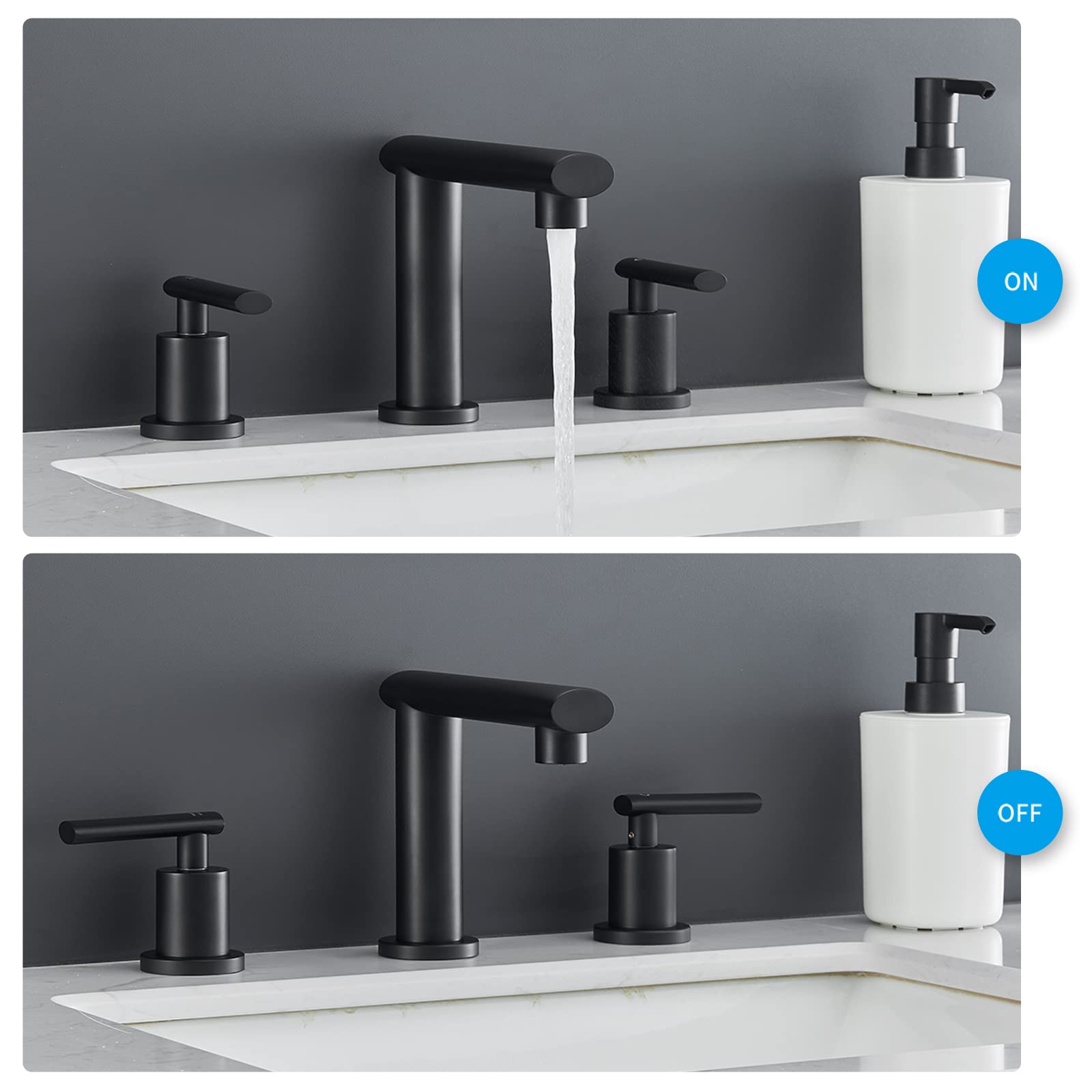 Matte Black Widespread Bathroom Faucet, Waterfall Bathroom Faucets for Sink 3 Hole, 2-Handles Modern Vanity Faucet with Pop Up Drain Assembly and Lead-Free Supply Hose,8-Inch