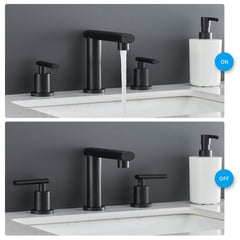 Matte Black Widespread Bathroom Faucet, Waterfall Bathroom Faucets for Sink 3 Hole, 2-Handles Modern Vanity Faucet with Pop Up Drain Assembly and Lead-Free Supply Hose,8-Inch