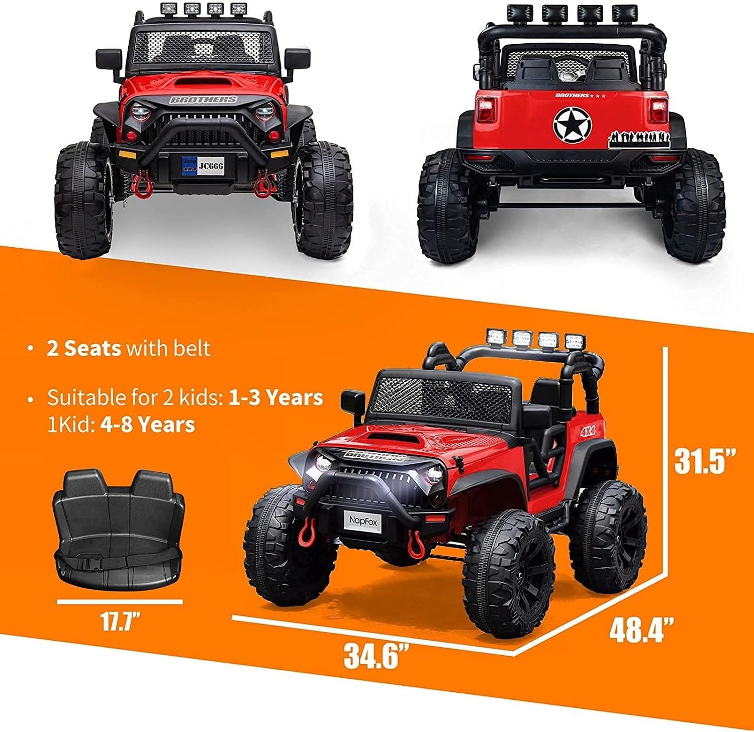 12 V Ride on Car Truck with Remote Control, 2 Seater Kids Electric Car, Spring Suspension, 9Ah Battery Powered, 3 Speeds, Double Doors, Music Player