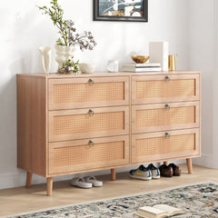 Rattan 6 Drawer Double Dresser for Bedroom, Chest of Dressers, Modern Dresser Drawer Chest