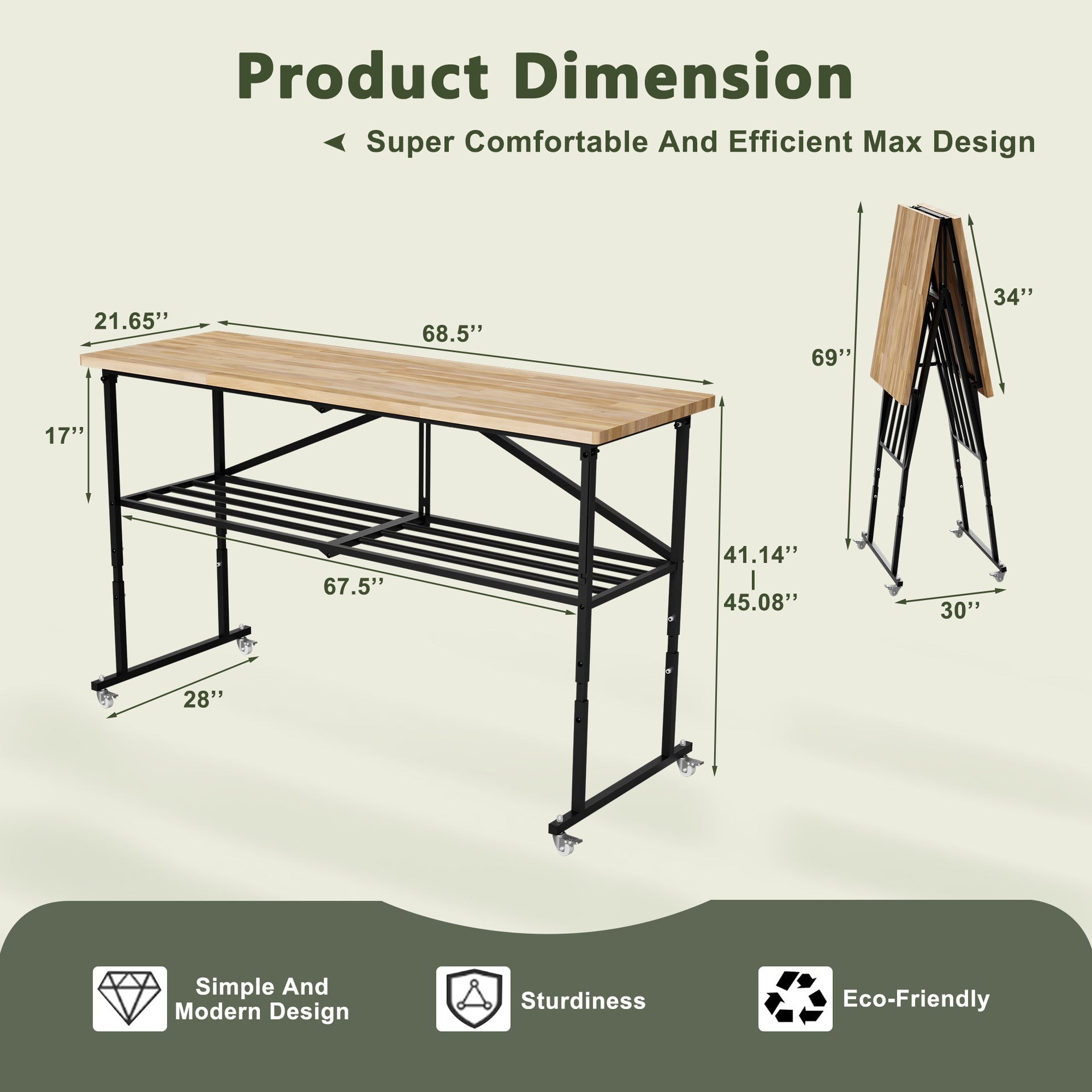 SmartFold Heavy-Duty Folding Butcher-Block Workbench- Portable Wood-Top Utility Table w/ Locking Casters & Quick-Collapse Steel Frame