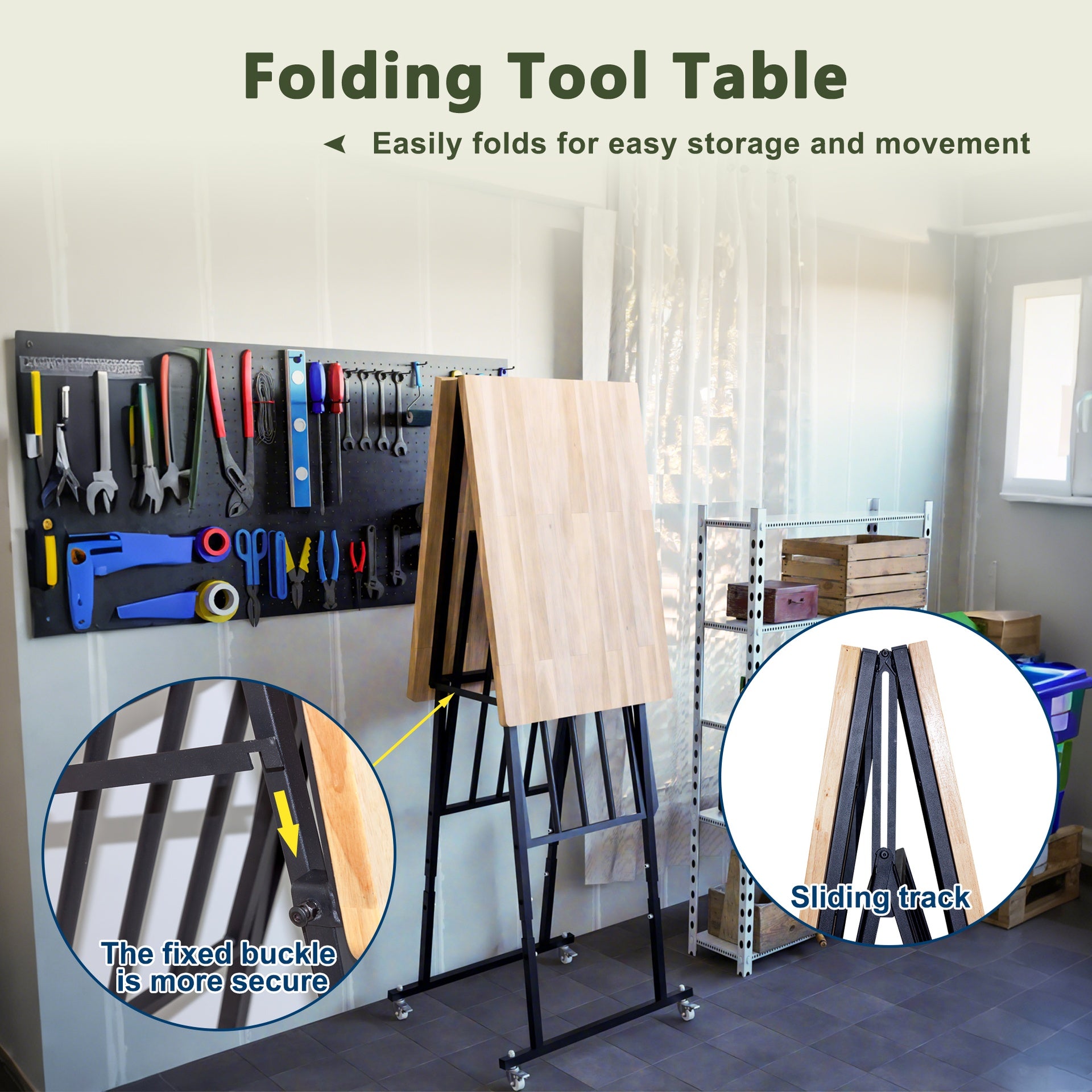 SmartFold Heavy-Duty Folding Butcher-Block Workbench- Portable Wood-Top Utility Table w/ Locking Casters & Quick-Collapse Steel Frame