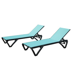 Outdoor Lounge Chair, 2 Pieces Aluminum Plastic Patio Chaise Lounge with 5 Position Adjustable Backrest and Wheels, All Weather Reclining Chair for Outdoor, Beach, Yard, Pool, Lake Blue