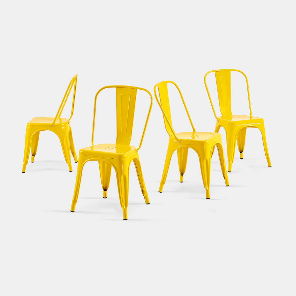 Set of 4 High Gloss Yellow Industrial Metal Dining Chairs 18 Inch Seat Height Stackable Indoor Outdoor, Lightweight Easy-Clean Surface, Easy Assembly, Durable Modern Design