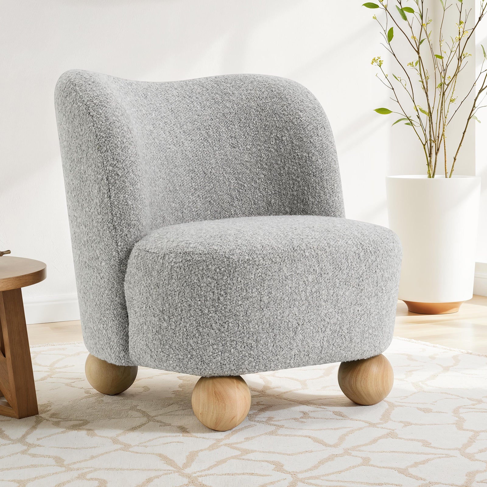 Contemporary Style 1pc Accent Chair Upholstered In Boucle Fabric Ball Feet Curve back Gray Finish Primary Living Room