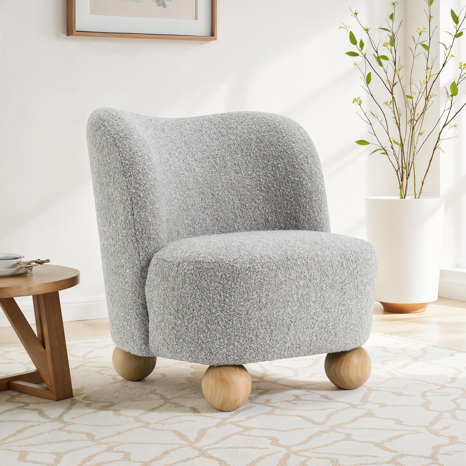 Contemporary Style 1pc Accent Chair Upholstered In Boucle Fabric Ball Feet Curve back Gray Finish Primary Living Room