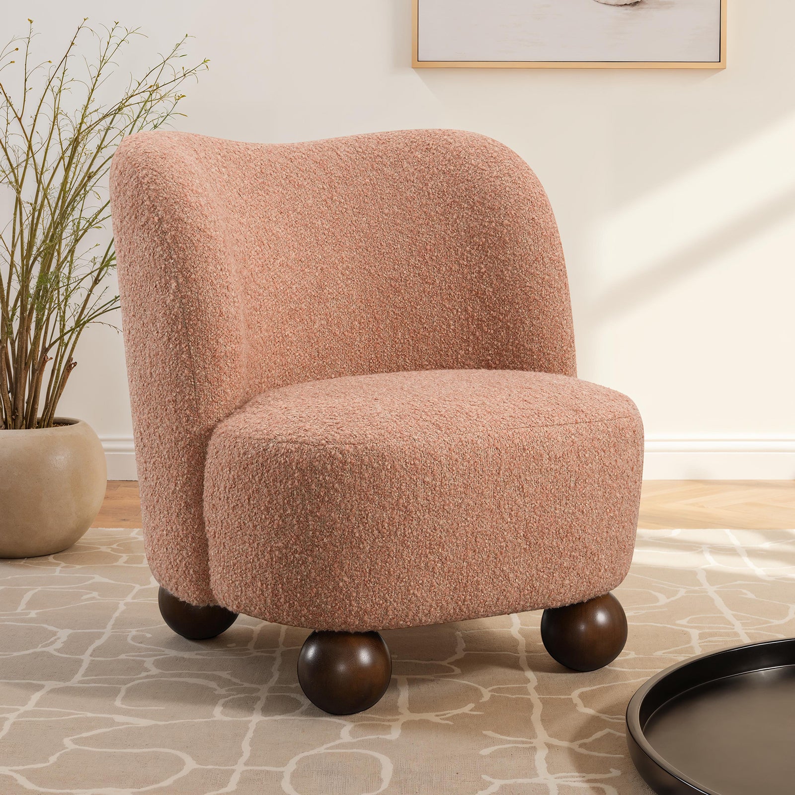 1pc Accent Chair Curved Back Ball Feet Upholstered In Boucle Feet Wide Seat Pink Finish Primary living Room