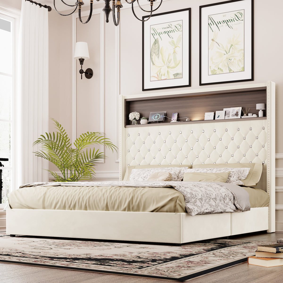 Queen Size Velvet Tufted Soft Bed Frame with USB Port and Night Light,52'' High Headboard with Rivet Decoration, Wing-back Platform Bed with Headboard Shelf, Beige