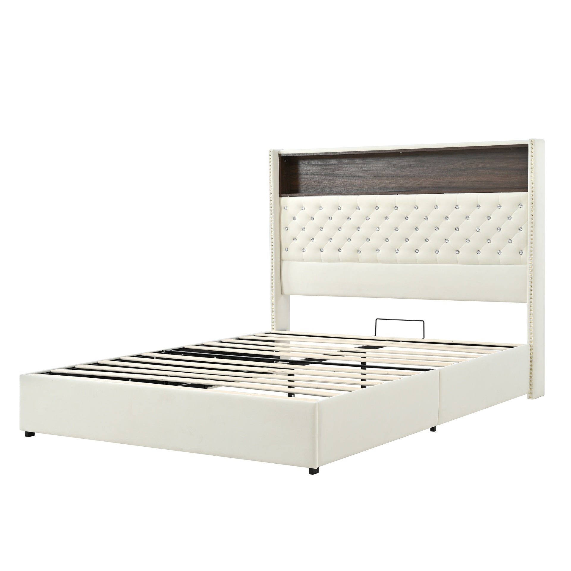 Queen Size Velvet Tufted Soft Bed Frame with USB Port and Night Light,52'' High Headboard with Rivet Decoration, Wing-back Platform Bed with Headboard Shelf, Beige