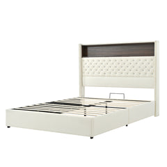 Queen Size Velvet Tufted Soft Bed Frame with USB Port and Night Light,52'' High Headboard with Rivet Decoration, Wing-back Platform Bed with Headboard Shelf, Beige