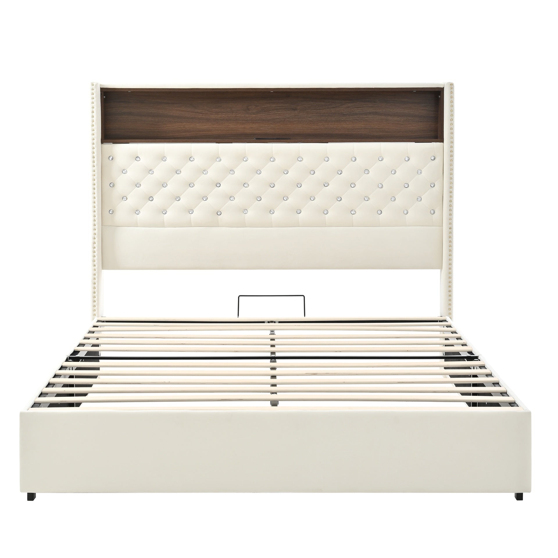 Queen Size Velvet Tufted Soft Bed Frame with USB Port and Night Light,52'' High Headboard with Rivet Decoration, Wing-back Platform Bed with Headboard Shelf, Beige