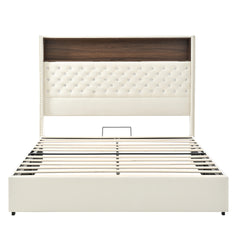 Queen Size Velvet Tufted Soft Bed Frame with USB Port and Night Light,52'' High Headboard with Rivet Decoration, Wing-back Platform Bed with Headboard Shelf, Beige
