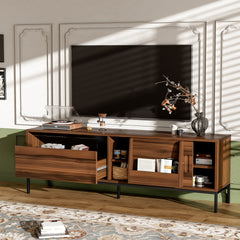 U-Can 70.8'' Modern TV Stand for TVs up to 75 Inches, Entertainment Center with Storage Space, Sliding Doors, Adjustable Shelves and Metal Frame, Mid Century Modern Media TV Console Table for Living R