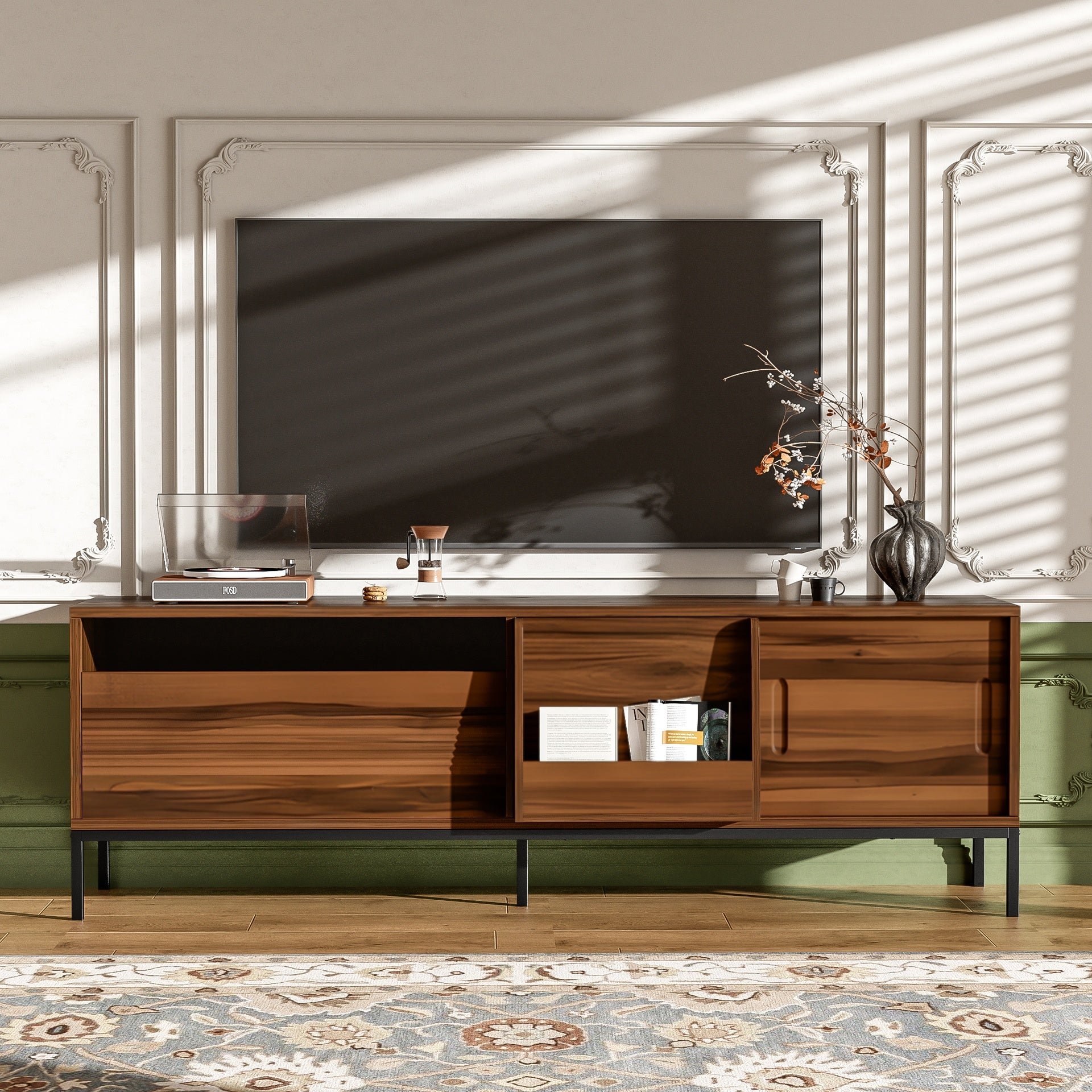 U-Can 70.8'' Modern TV Stand for TVs up to 75 Inches, Entertainment Center with Storage Space, Sliding Doors, Adjustable Shelves and Metal Frame, Mid Century Modern Media TV Console Table for Living R