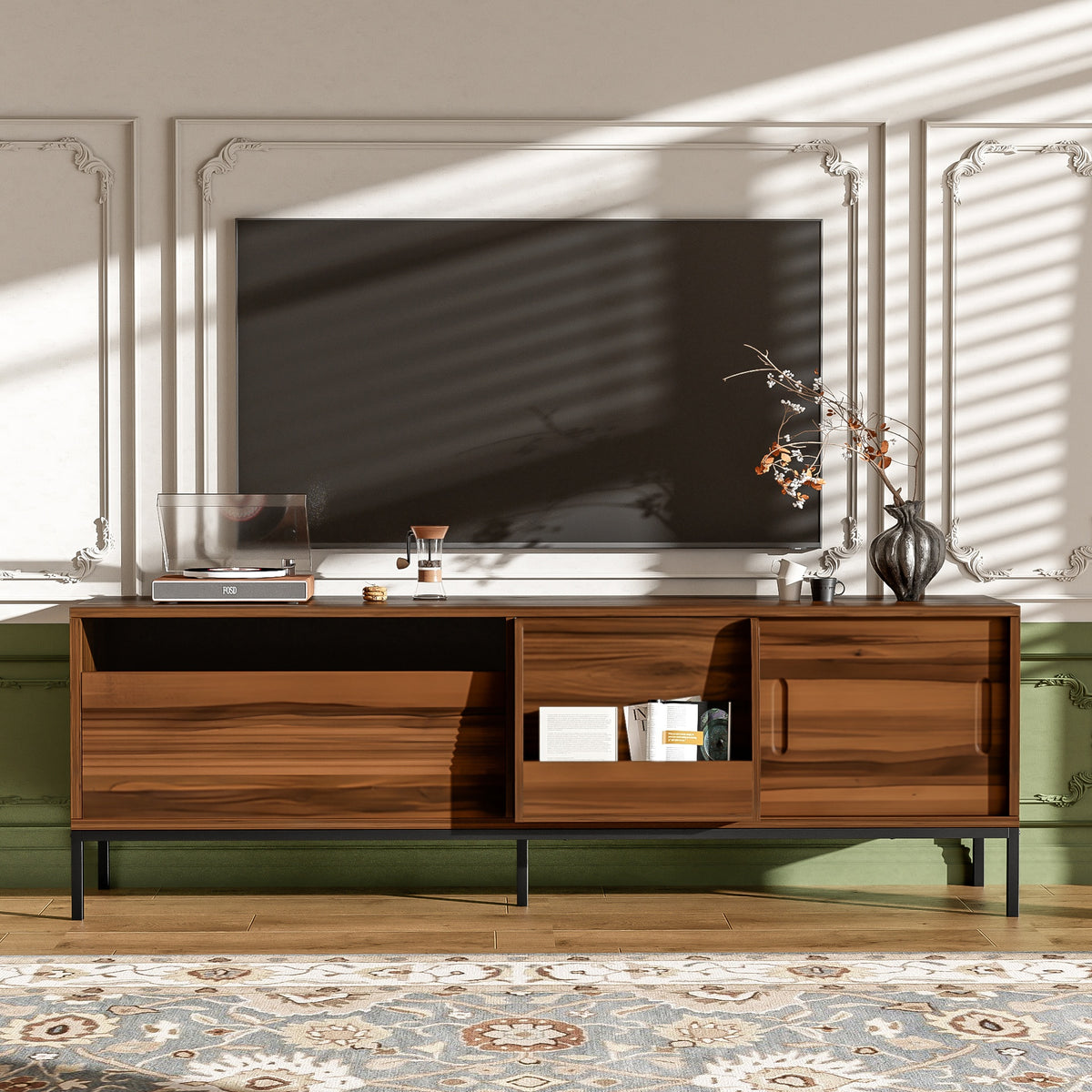 U-Can 70.8'' Modern TV Stand for TVs up to 75 Inches, Entertainment Center with Storage Space, Sliding Doors, Adjustable Shelves and Metal Frame, Mid Century Modern Media TV Console Table for Living R