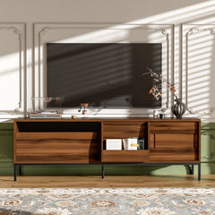 U-Can 70.8'' Modern TV Stand for TVs up to 75 Inches, Entertainment Center with Storage Space, Sliding Doors, Adjustable Shelves and Metal Frame, Mid Century Modern Media TV Console Table for Living R