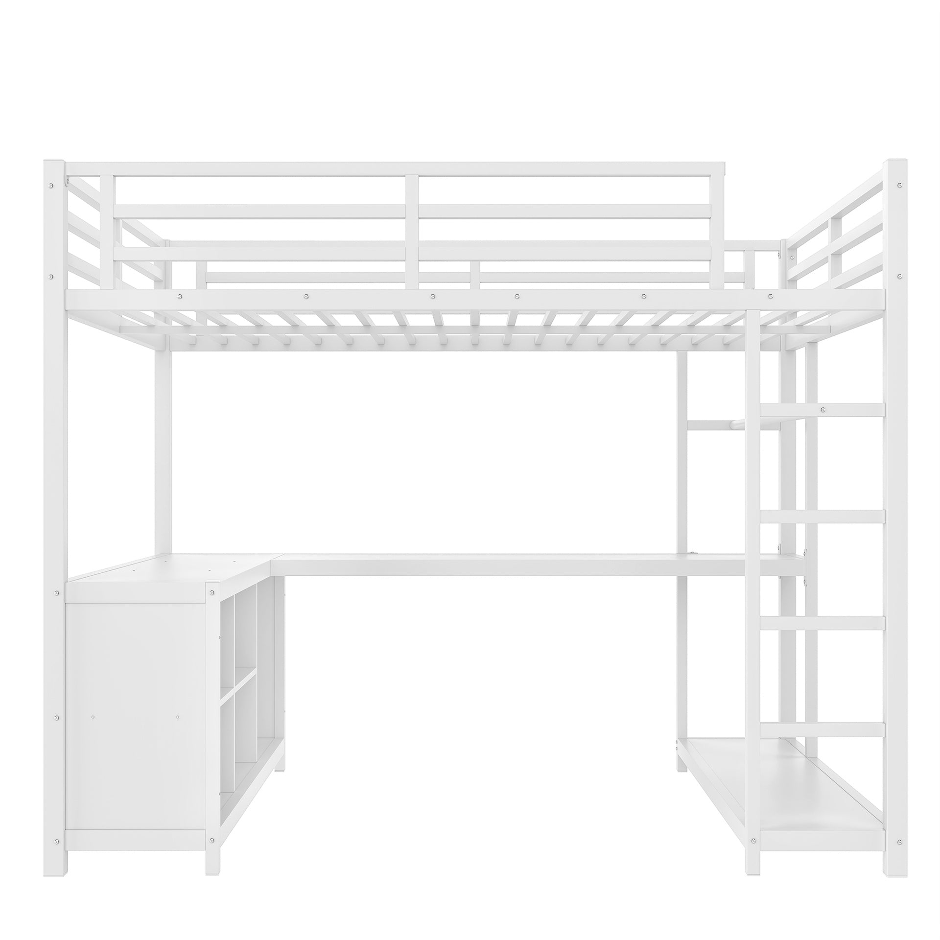 Metal Loft Bed with Wardrobe and L-shaped Desk, Full Size Loft Bed with Storage Cubes and Shelves, Loft Bed for Kids Teens Adults, White