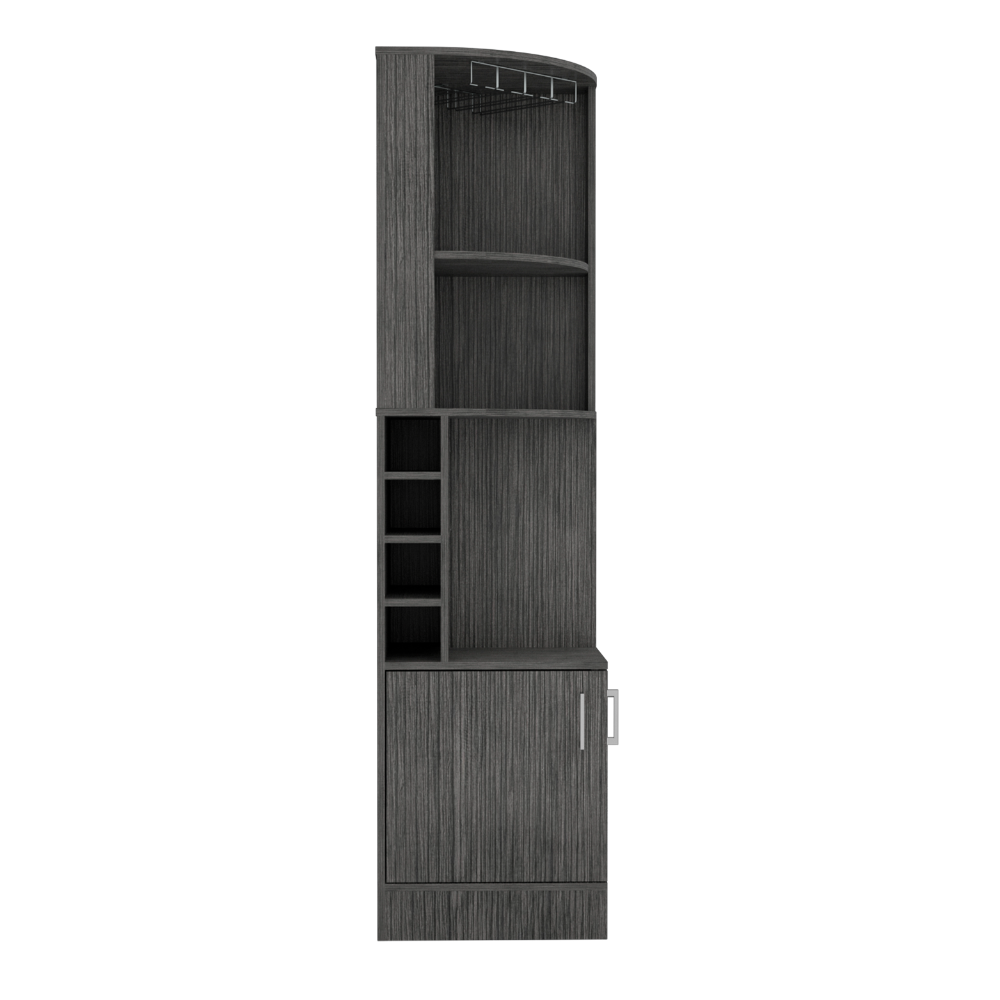 Corner bar cabinet 71" H , with two shelves at the top, 1 glass holder, 8 exterior bottle racks, 1 central shelf and a lower drawer with 2 side doors, Smoke oak