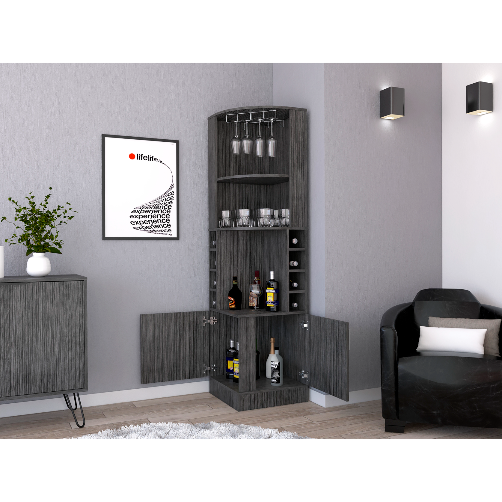 Corner bar cabinet 71" H , with two shelves at the top, 1 glass holder, 8 exterior bottle racks, 1 central shelf and a lower drawer with 2 side doors, Smoke oak