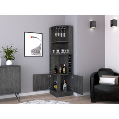Corner bar cabinet 71" H , with two shelves at the top, 1 glass holder, 8 exterior bottle racks, 1 central shelf and a lower drawer with 2 side doors, Smoke oak