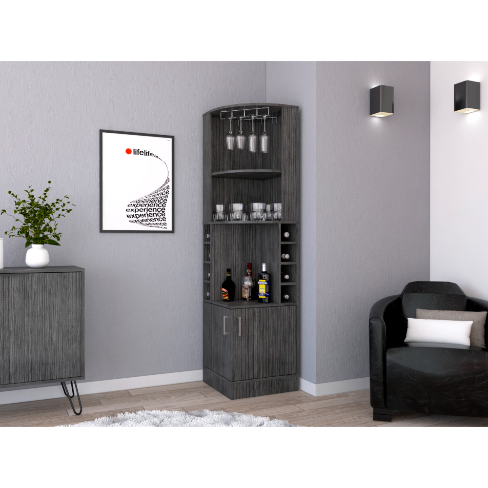 Corner bar cabinet 71" H , with two shelves at the top, 1 glass holder, 8 exterior bottle racks, 1 central shelf and a lower drawer with 2 side doors, Smoke oak