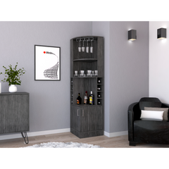 Corner bar cabinet 71" H , with two shelves at the top, 1 glass holder, 8 exterior bottle racks, 1 central shelf and a lower drawer with 2 side doors, Smoke oak