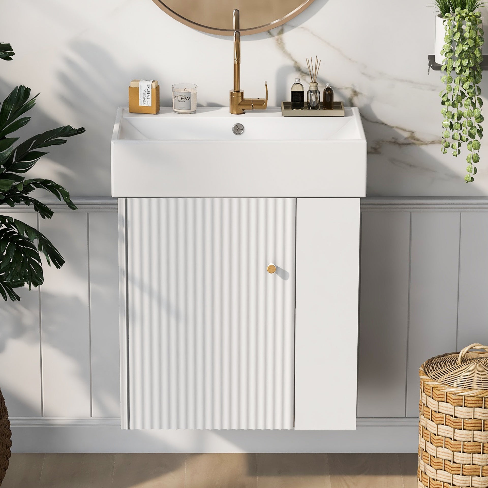 21.6inch Modern Floating Bathroom Vanity with Ceramic Basin - Perfect for Small Bathrooms, Right side storage