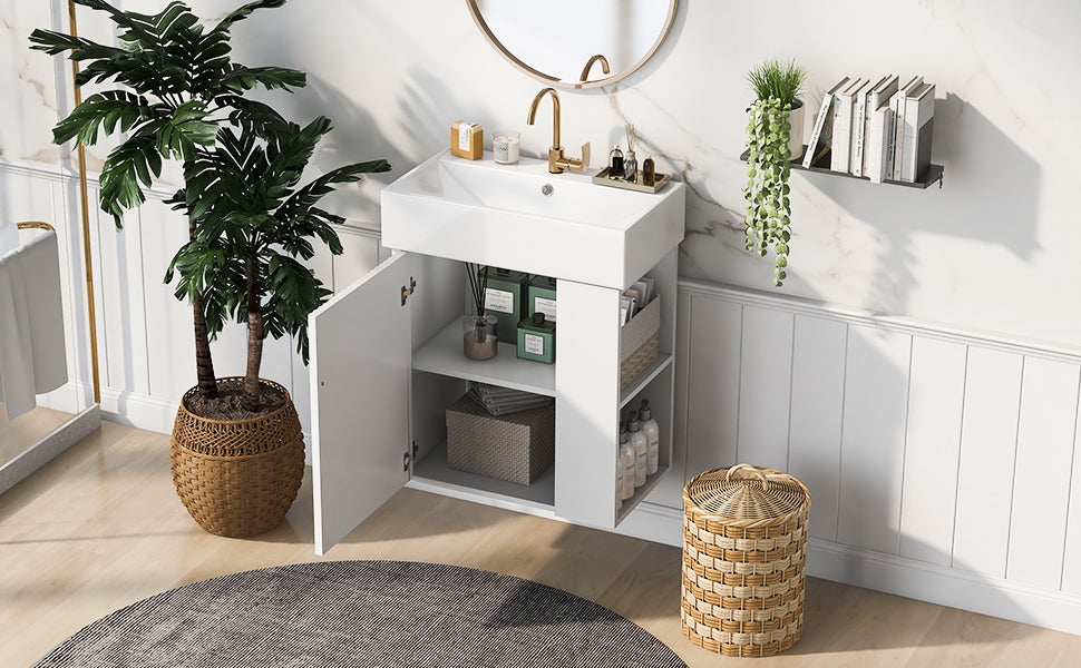 21.6inch Modern Floating Bathroom Vanity with Ceramic Basin - Perfect for Small Bathrooms, Right side storage