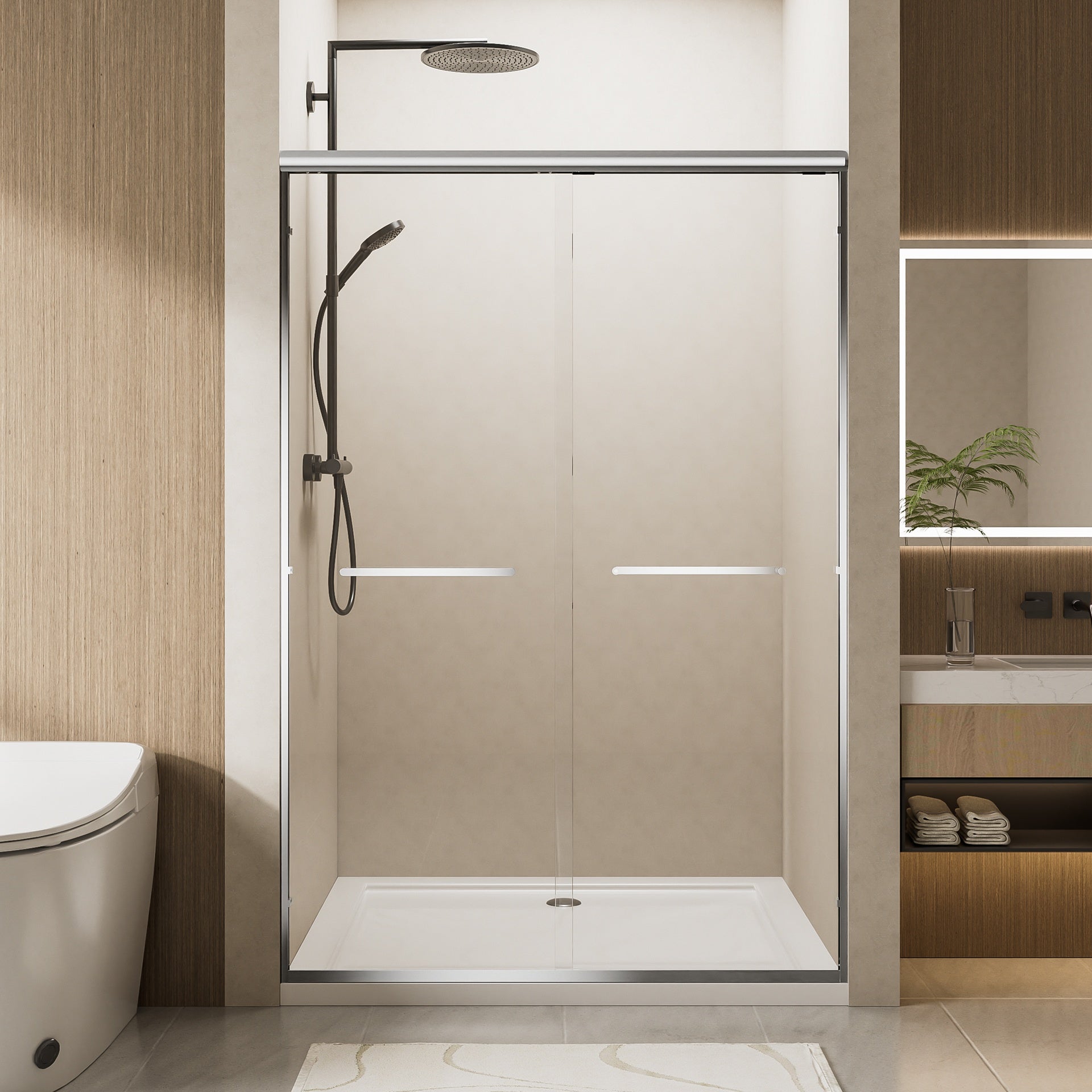 56"-60" W x 72" H Chrome Aluminum Frame Double Sliding Shower Door with 1/4" (6mm) Nano-Coated Clear Tempered Glass and Dual Stainless Steel Handles