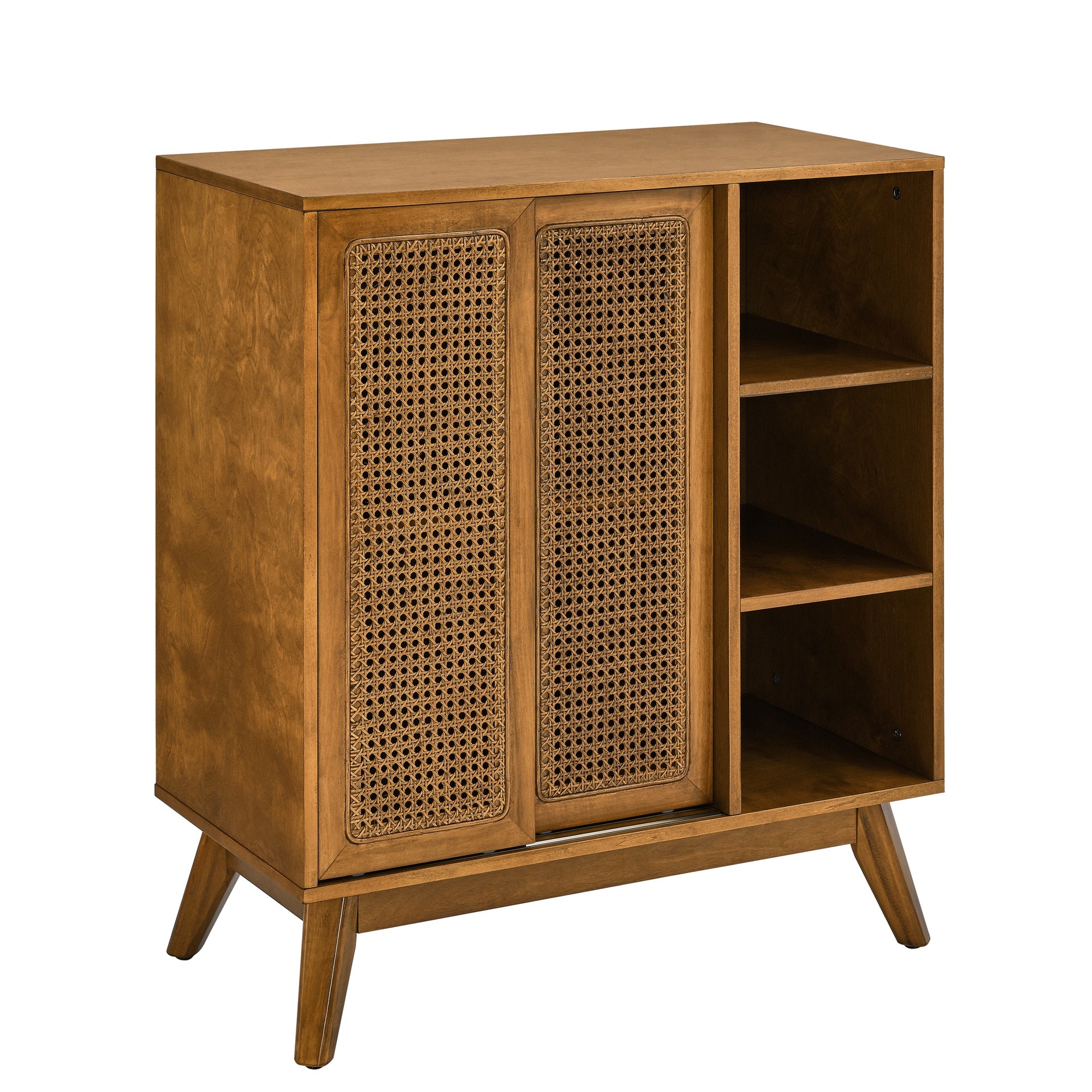 Mid Century Modern Rattan Sideboard Cabinet, Buffet Cabinet for Entryway Hallway Living Room Kitchen Dining Room, Adjustable Shelf & Solid Wood Feet & Rattan Cabinet Doors - Light Wood