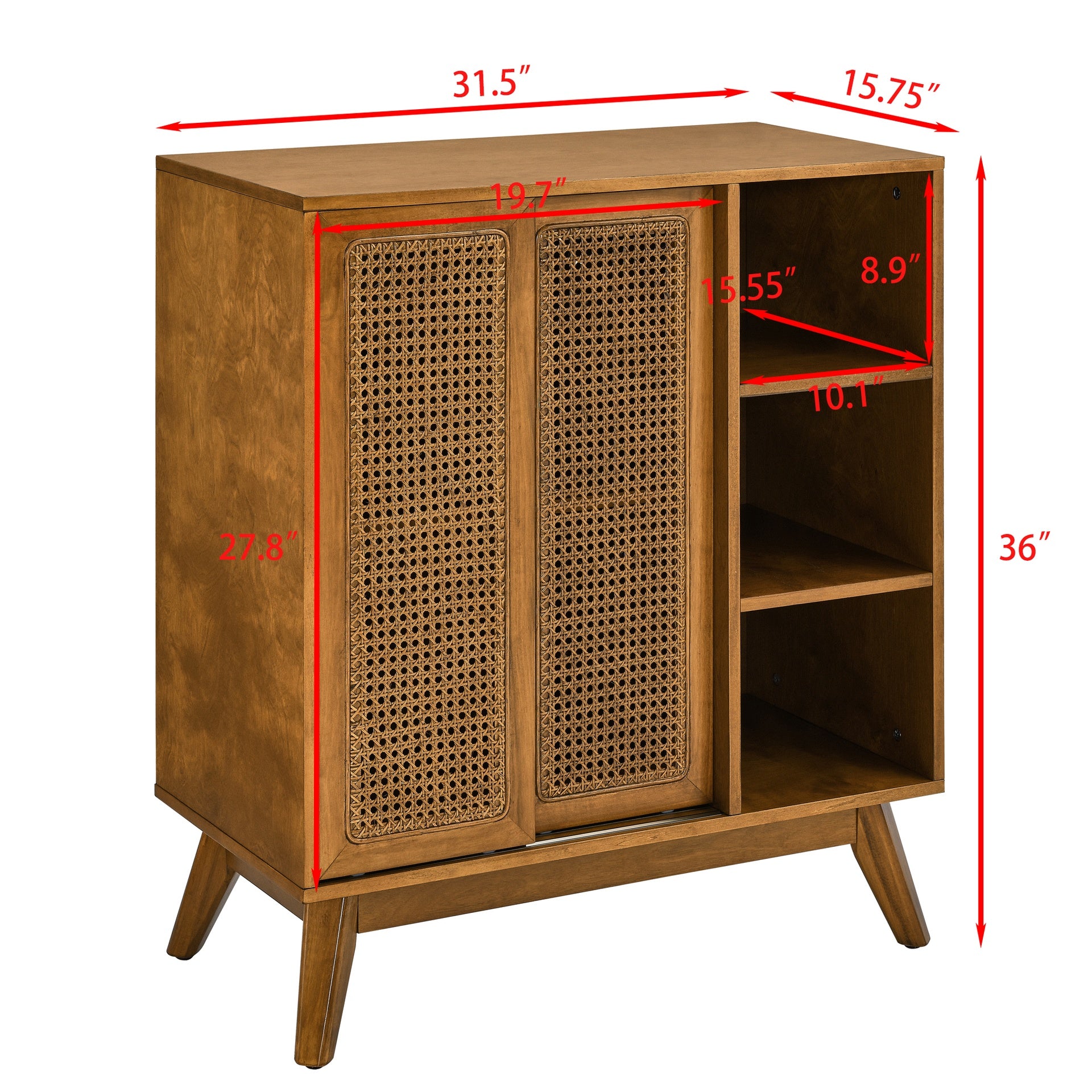 Mid Century Modern Rattan Sideboard Cabinet, Buffet Cabinet for Entryway Hallway Living Room Kitchen Dining Room, Adjustable Shelf & Solid Wood Feet & Rattan Cabinet Doors - Light Wood