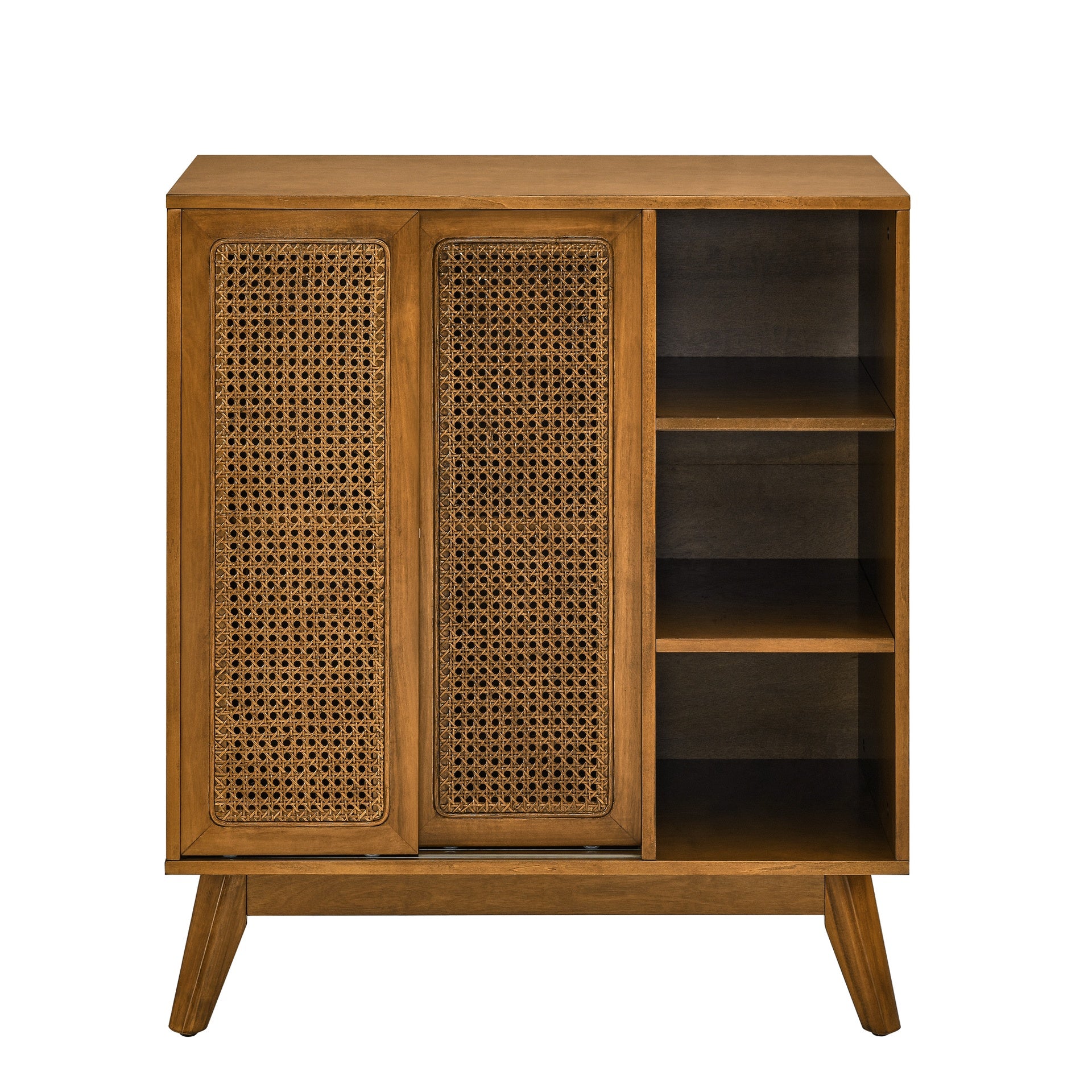 Mid Century Modern Rattan Sideboard Cabinet, Buffet Cabinet for Entryway Hallway Living Room Kitchen Dining Room, Adjustable Shelf & Solid Wood Feet & Rattan Cabinet Doors - Light Wood