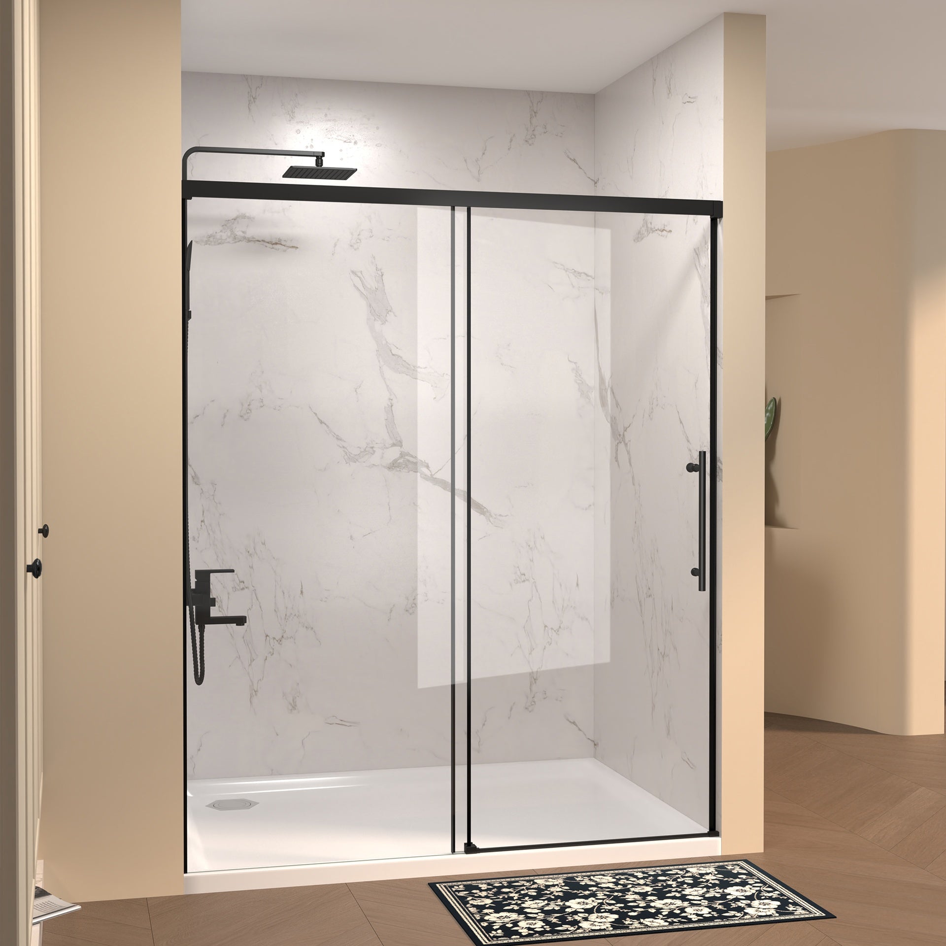 60" W × 72" H Single Sliding Shower Door,5mm fixed glass and 6mm sliding glass Frameless , Clear Tempered Glass, Stainless Steel handle,Matte Black