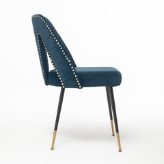 A&amp;A Furniture,Akoya Collection Modern | Contemporary Velvet Upholstered Dining Chair with Nailheads and Gold Tipped Black Metal Legs,Blue,Set of 2