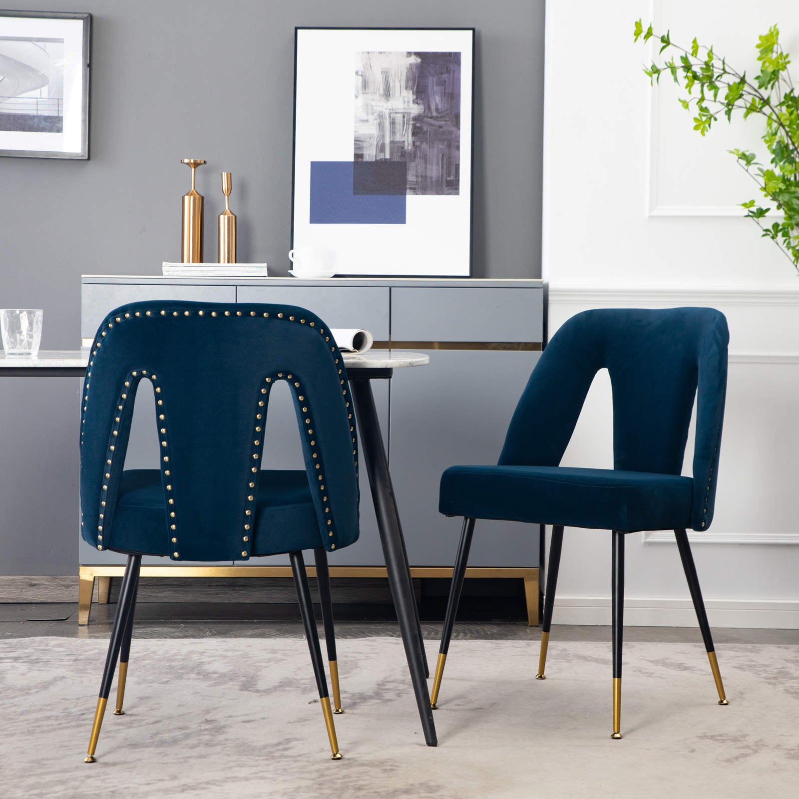 A&amp;A Furniture,Akoya Collection Modern | Contemporary Velvet Upholstered Dining Chair with Nailheads and Gold Tipped Black Metal Legs,Blue,Set of 2